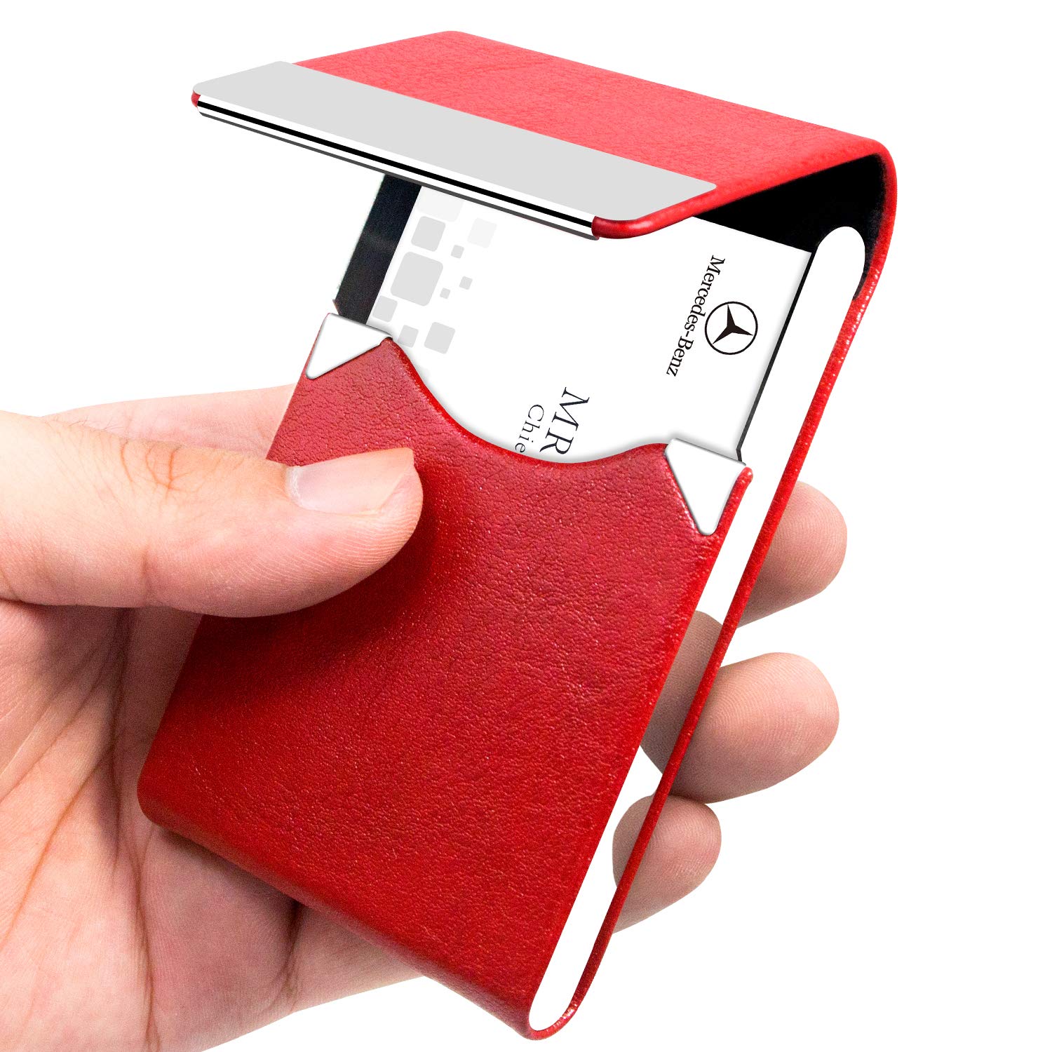Padike Professional Business Card Holder PU Leather Business Card Case Name Card Holder Slim Metal Pocket Card Holder with Magnetic Shut (Z-Red)