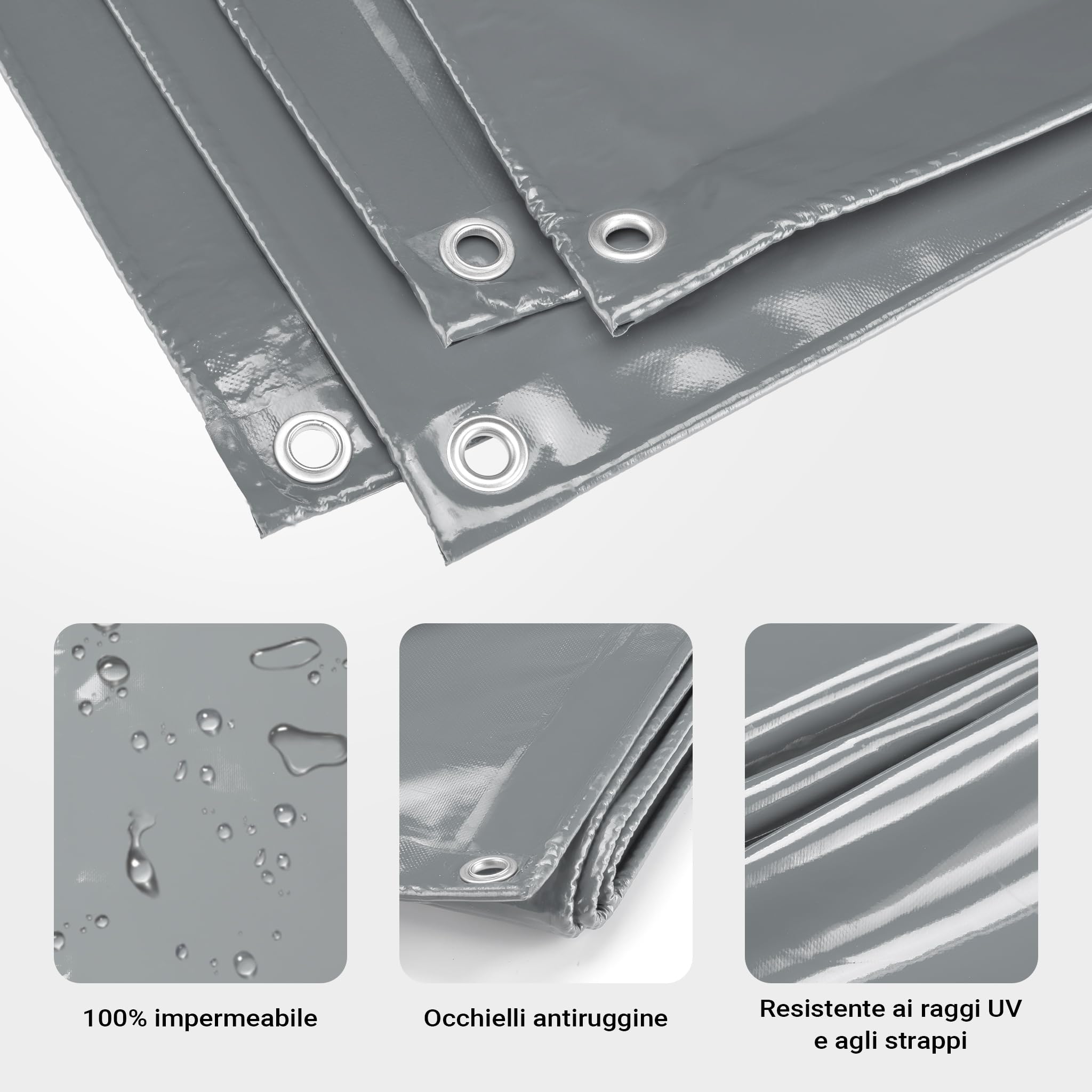 Wiltec Telone occhiellato grigio 4 x 5 m resistente alle intemperie e a raggi UV, impermeabile, robusto telo di protezione in poliestere 650 g/m² con rivestimento in PVC