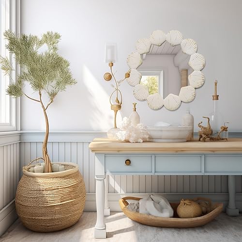Miniatura 7 de Espejo redondo de 24 pulgadas, espejo de pared circular de madera blanca con conchas marinas, decoración rústica, espejo de estilo costero adecuado