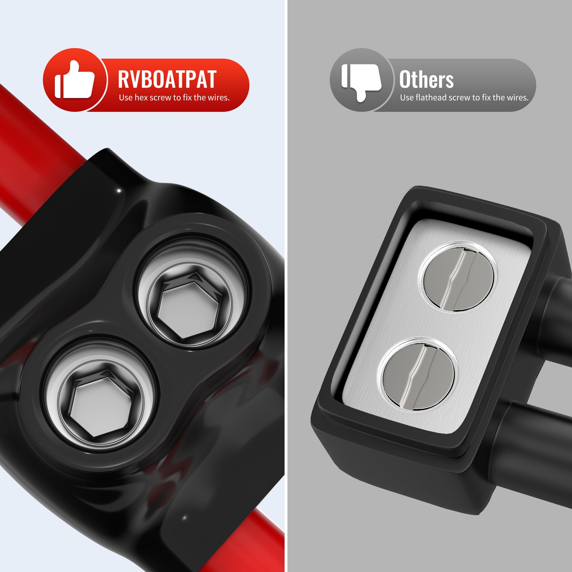 RVBOATPAT Lot de 6 connecteurs multi-robinets isolés à 2 ports 1/0-14 AWG, connecteur d'alimentation électrique à double entrée 3/16" Allen hexagonal en aluminium