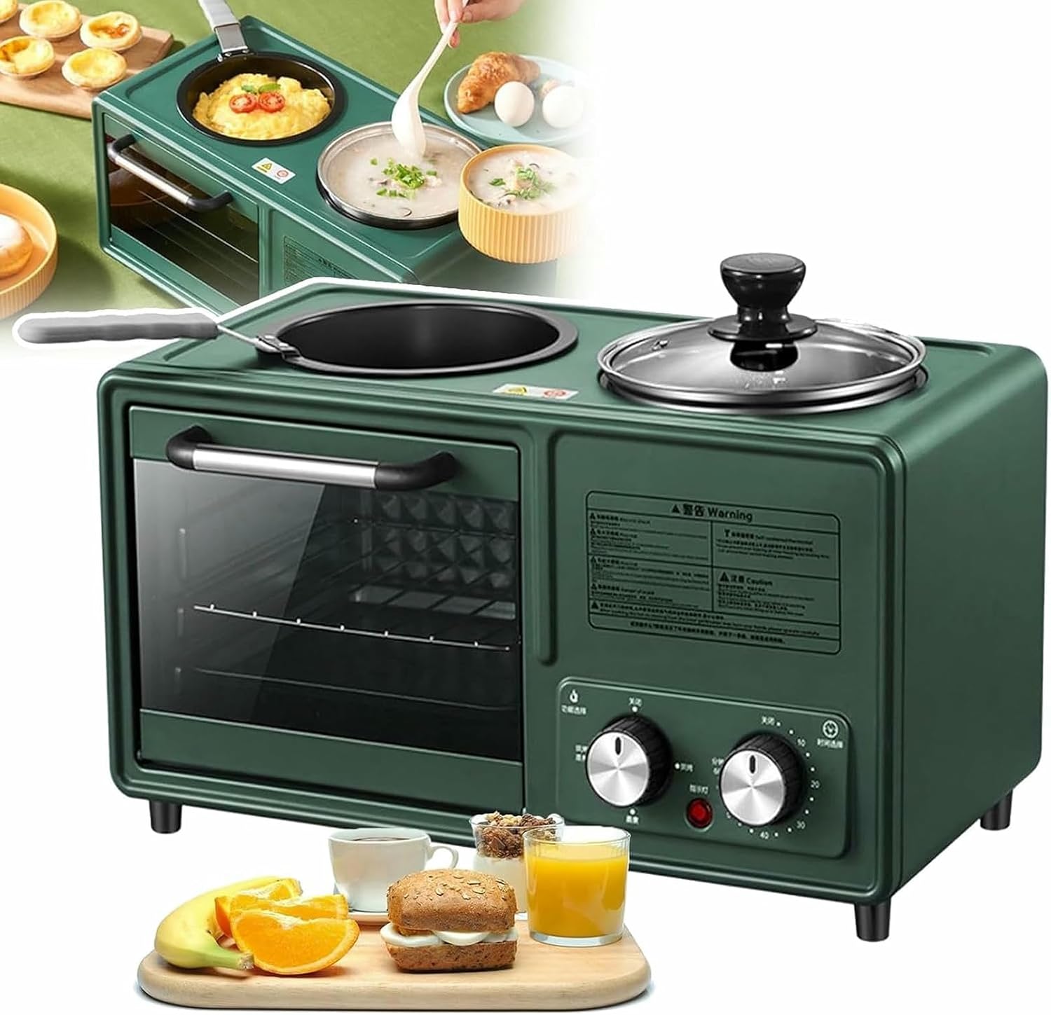 4 in 1 Breakfast Station, Multifunction Breakfast Station, with 1.2L Pot, Non-Stick Frying Pan, 8L Large Capacity Oven, Removable + Easy to Clean, for Home Kitchens,Green