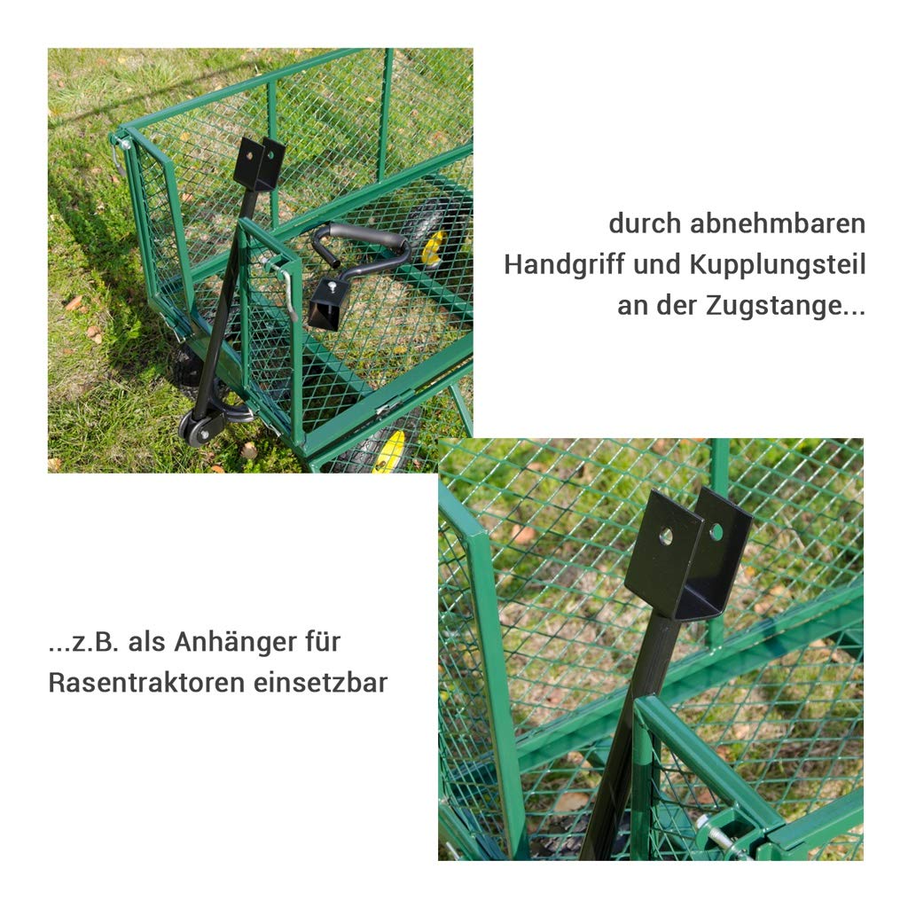 TP Lasten-Handwagen, stabile Gartenkarre mit Gitter, Plane und Luftbereifung, Transportwagen für Haus, Garten, Camping, als Anhänger für 220 Liter bis max. 550 kg belastbar