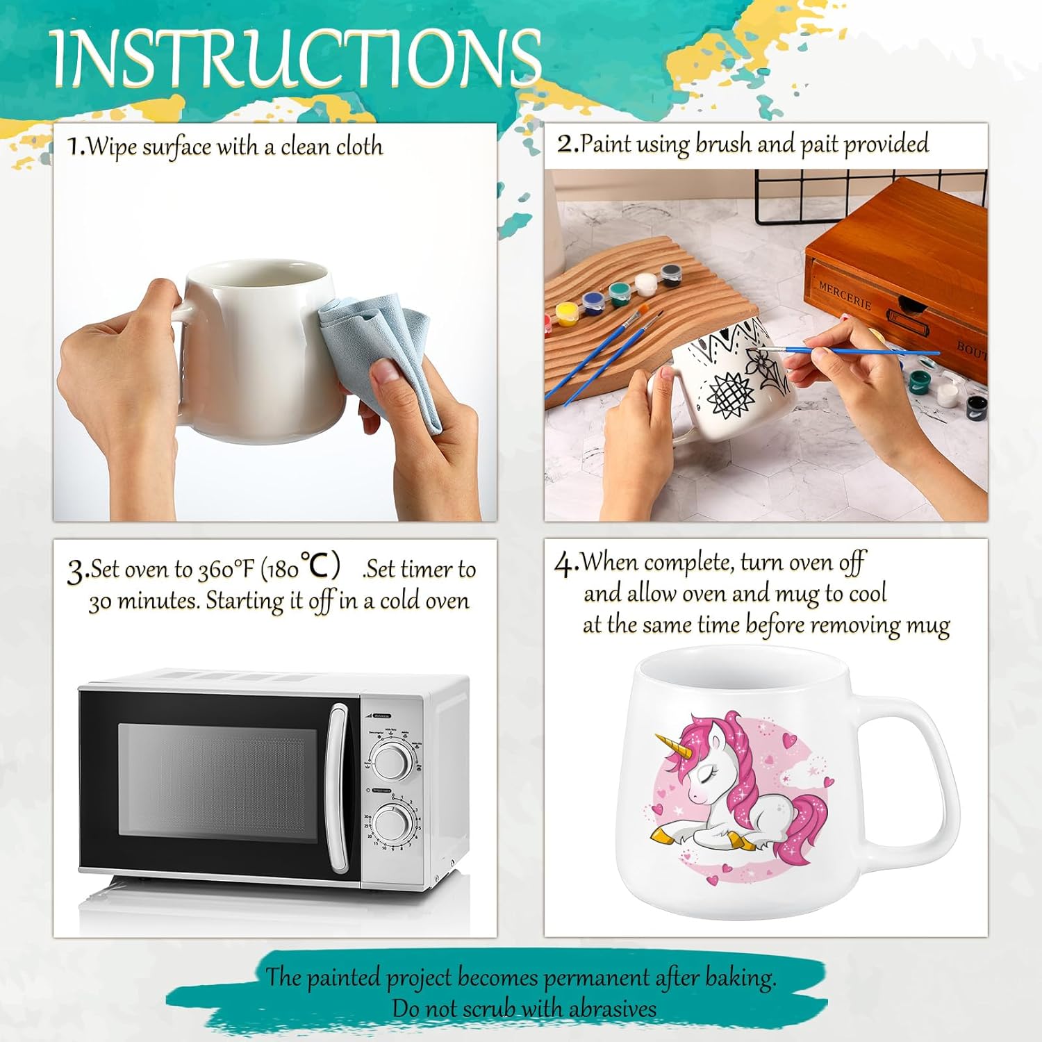 Tticai 4 Sets Paintable Paint Your Own Mug Kits - DIY Coffee Mug Painting Kit for Adults Includes Blank Ceramic Mugs, Painting Supplies - Paints, Brushes - Image 5