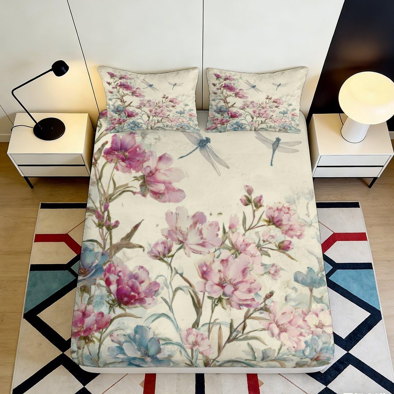 3D Printed Floral Blossom Fitted Sheet Microfiber Soft Breathable Dragonfly Mattress Cover for Bedroom Dorm Decor 120x200x25cm