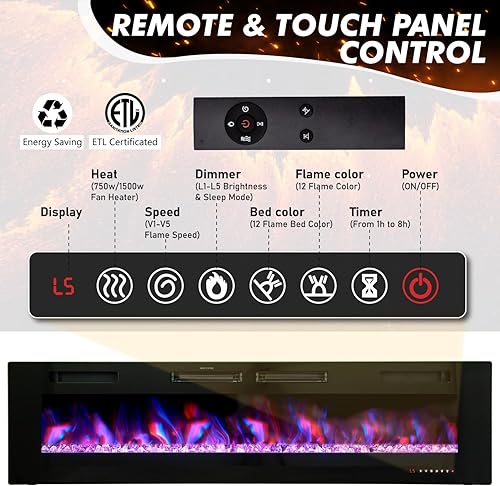 Miniatura 3 de MFSTUDIO Chimenea eléctrica de 72 pulgadas con control remoto y pantalla táctil, calentador de chimenea empotrado y montado en la pared, chimenea