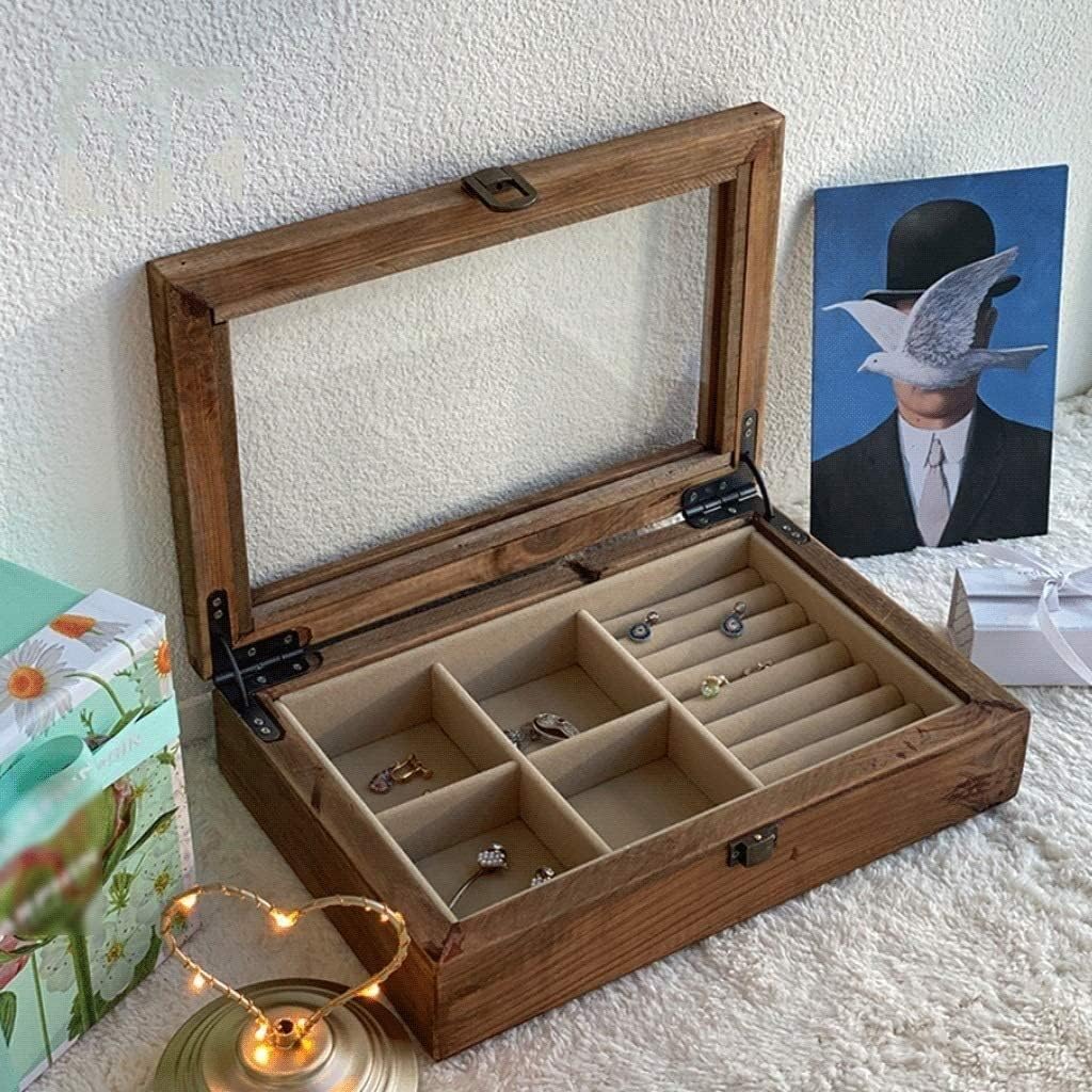Jewelry Case Jewelry Box Jewelry Organizer 2 in 1 Solid Wood Retro Jewelry Display Box with Clear Glass Lid Earring Organizer and Ring Box. Jewelry Storage