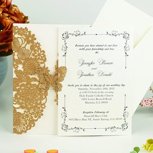 Miniatura 9 de Jofanza 50 invitaciones de boda con purpurina plateada cortadas con láser con mariposa y sobres, tarjetas de invitaciones de flora de encaje para