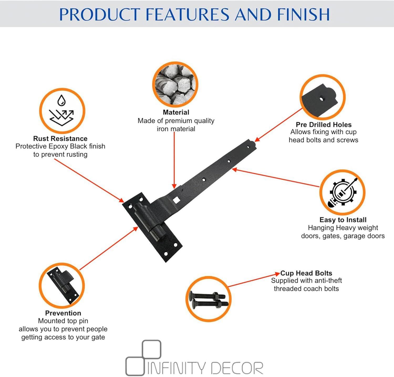 Heavy Duty Door shed BARN GATE Hook & Band Hinges CRANKED & Straight - Black (2 x 18" CRANKED Hinges)