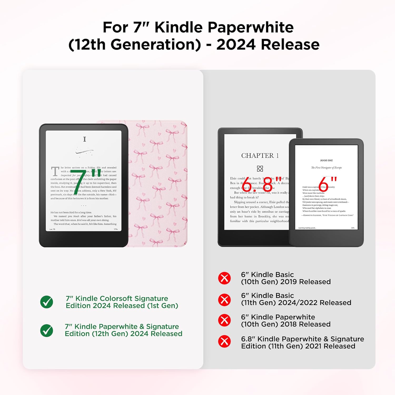 Magnetic Detachable Case for All-New 7" Kindle Paperwhite 12th Gen 2024 and Kindle Colorsoft Signature Edition, Pink Bow Tie Slim PU Leather Case with Auto Wake/Sleep(Dream)