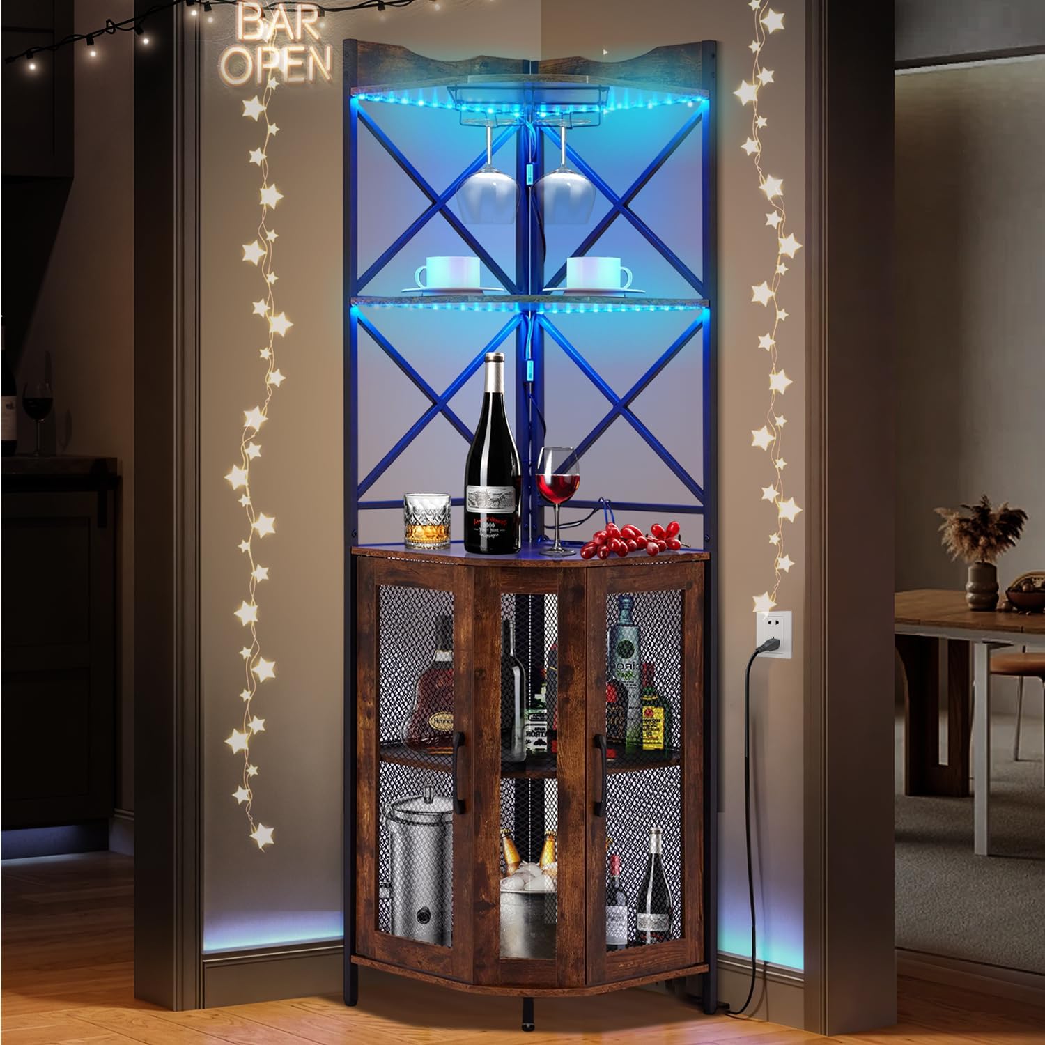 Corner Bar Cabinet with Power Outlet, 5-Tiers Wine Bar Cabinet with LED Light and Glass Holder, Industrial Home Bar for Dining Room, Living Room, Kitchen, Rustic Brown