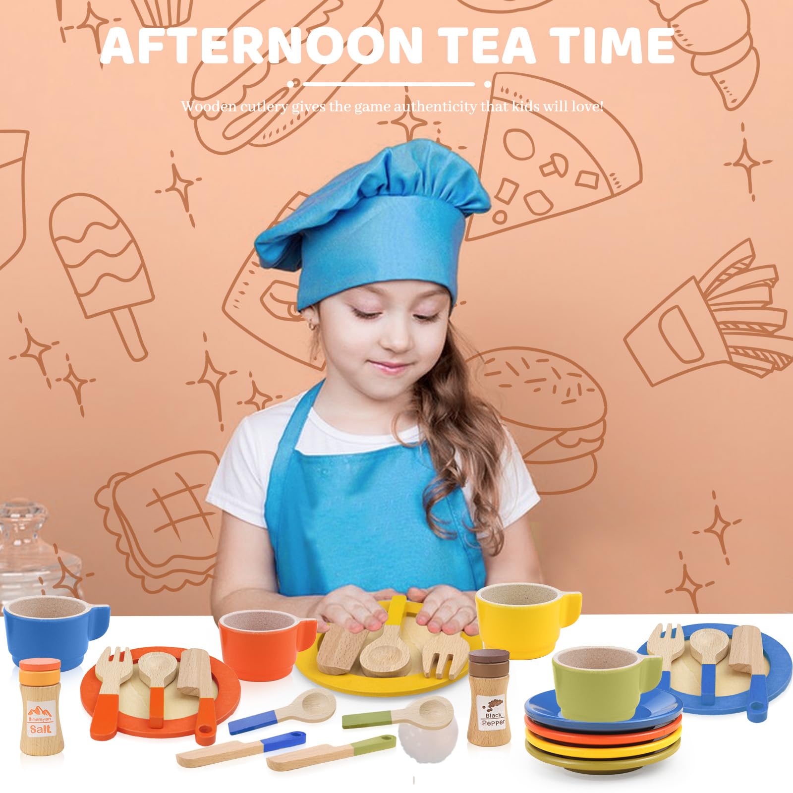 CHRI 26 pezzi accessori da cucina per bambini in legno, accessori per cucina giochi in legno