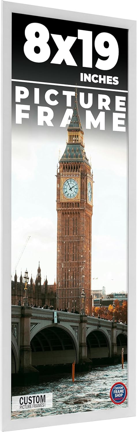8x19 Frame White Real Wood Picture Frame Width 0.75 Inches | Interior Frame Depth 0.5 Inches | Bianca Mid Century Photo Frame Complete with UV Acrylic, Foam Board Backing & Hanging Hardware