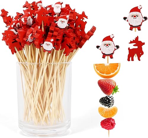 Miniatura 7 de SRIZIAN 200 palillos de cóctel de Navidad para aperitivos, palillos de cóctel de bambú de 5.1 pulgadas para bebidas, aperitivos, frutas, fiestas de