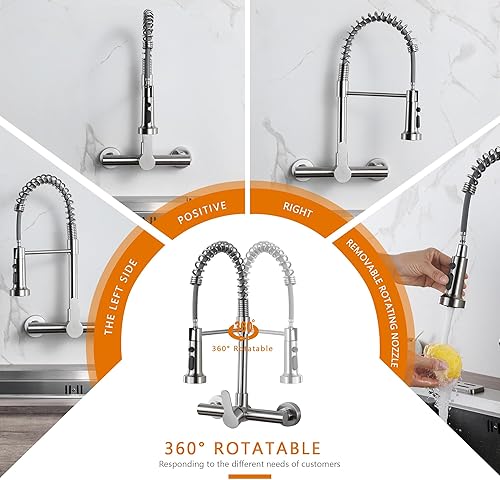 Miniatura 5 de LIWEIKE Grifos de cocina de montaje en pared, grifo de cocina de montaje en pared de níquel cepillado con pulverizador, grifo de cocina de pared de