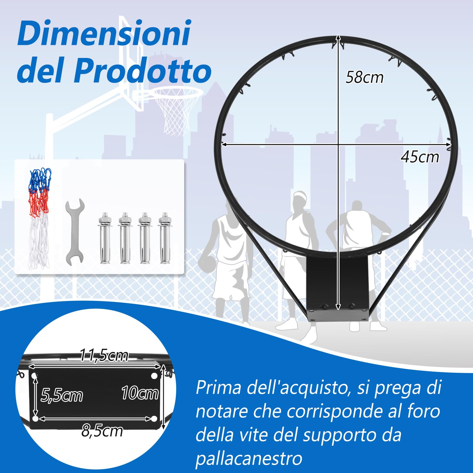 COSTWAY Canestro da Basket a Parete, Anello da Pallacanestro da Muro per Bambini e Adulti con Rete Antipioggia, Cerchio Universale da Basket per Interni ed Esterni