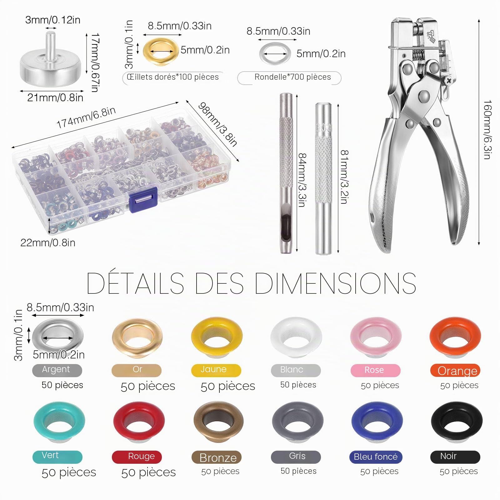 Ensembles Oeillets, 700PCS Œillets Métalliques, Pince a Oeillets, 5mm Œillets En Cuivre 13 Couleurs, Oeillets pour Bâches Toile Cuir Vêtements Chaussures Sacs Ceintures Rideaux Bannières