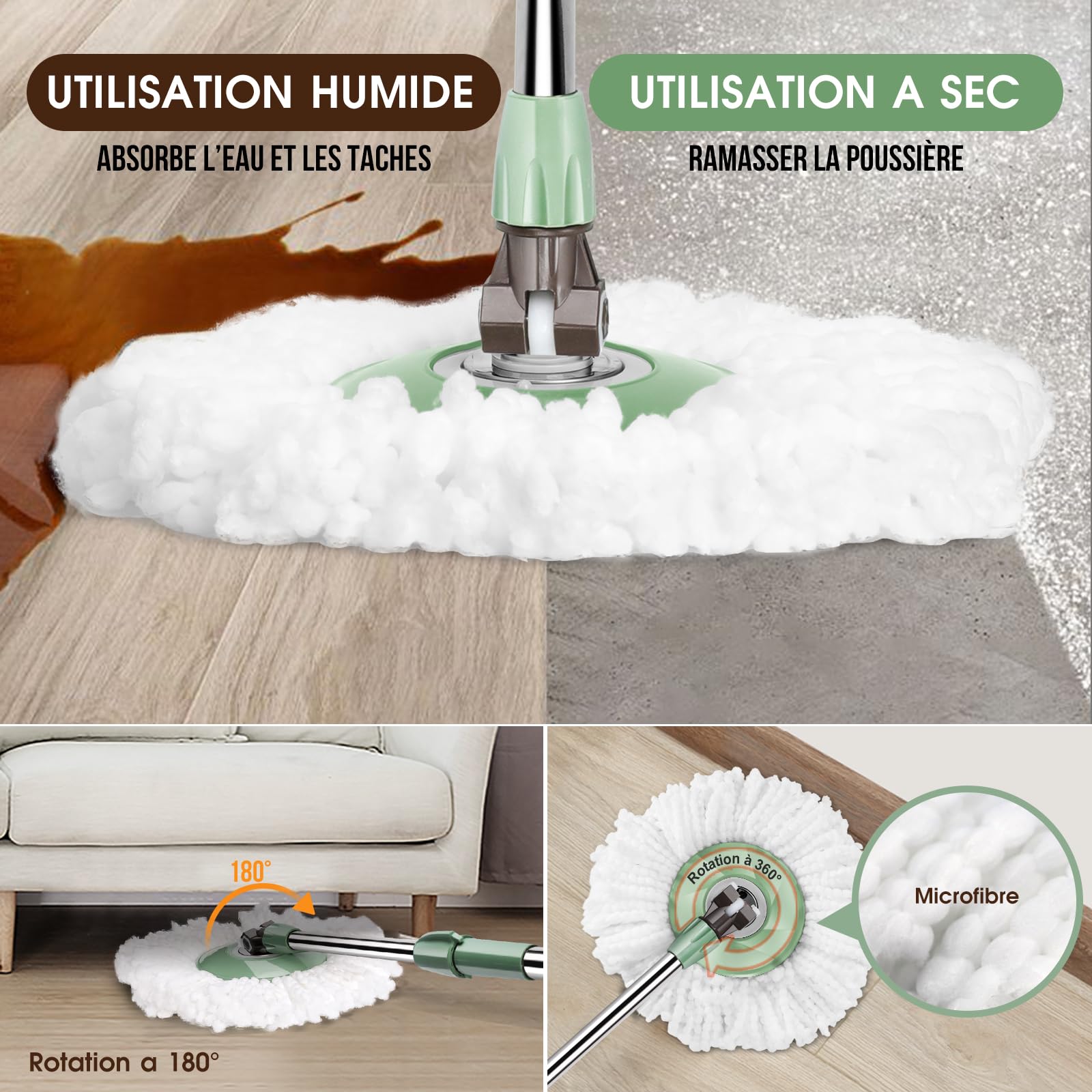Myiosus Balai Serpillère Essoreur avec Seau, Balai Serpillere Rotatif 360°, Poignée en Acier INOX pour Nettoyage Sol - 5 Tête Réutilisable en Microfibre (Vert)