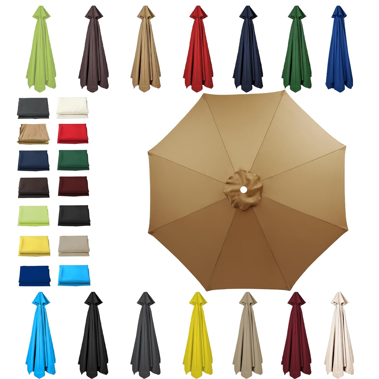 HonunGron 6 Ribs/8 Ribs Replacement Parasol Cover, 3.0m/2.7m/2.5m/2.3m/2m Umbrella Canopy Replacement, Sun Umbrella Replacement Cloth, UV 50+ Garden Parasol Canopy Cover (8 ribs-2.3m(7.5ft),Khaki)