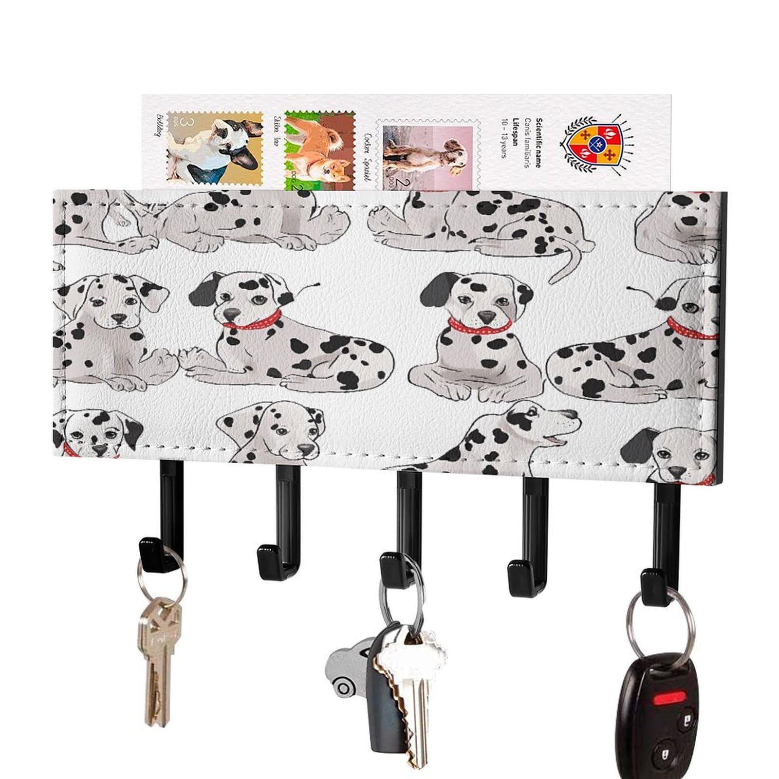 VstaDank Cute Dalmatian Key Holder for Wall Key Holder Wall Mount Adhesive with Mail Organizer Tray Adhesive Metal Key Rack with 5 Hooks Hanger PU Leather Key Hanger for Entryway