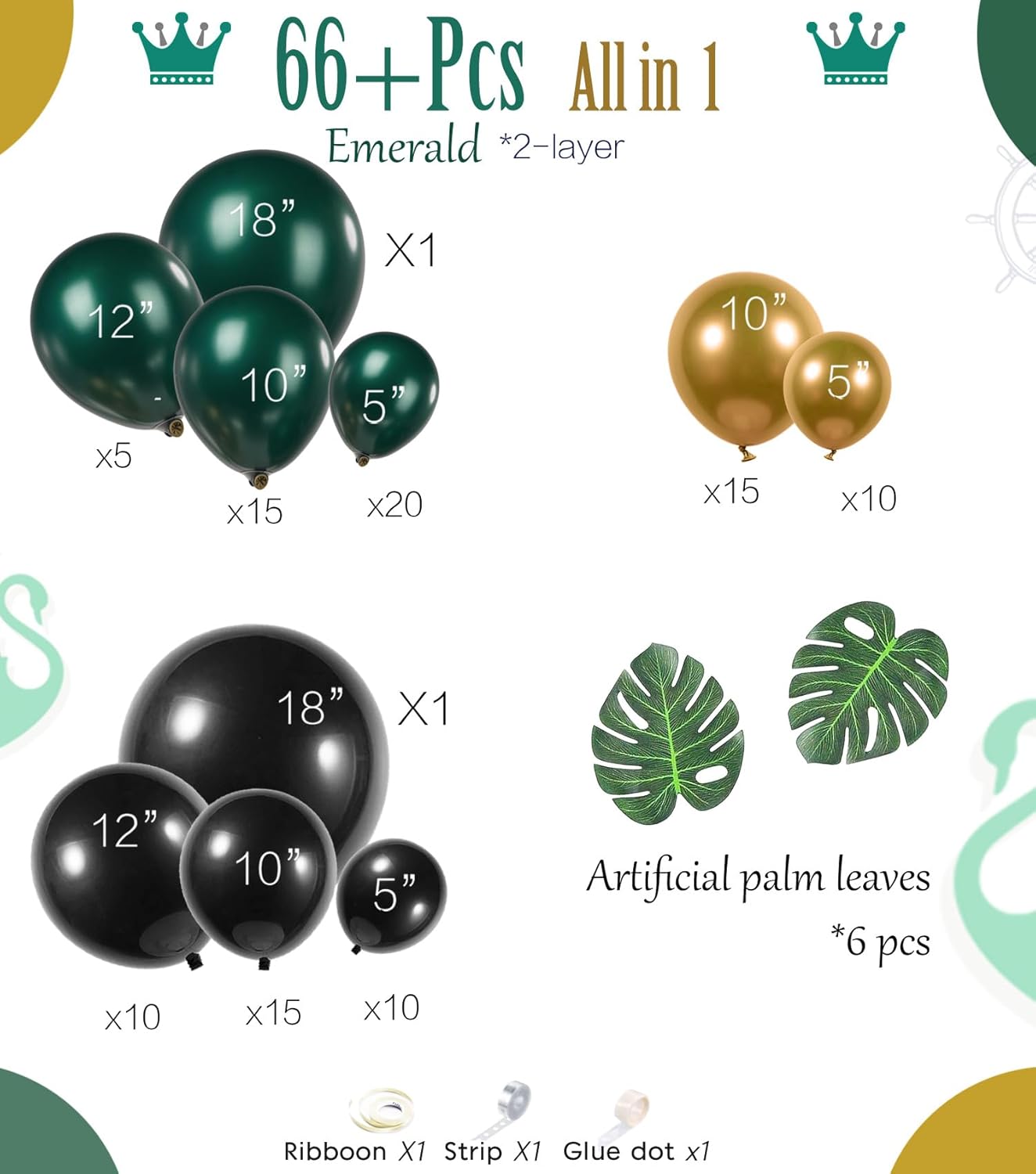 Emerald Green and gold black Balloon Garland Arch Kit Luxury Double Stuffed Dark Green Teal With Palm leaves for Summer luau hawaiian Aloha Jungle Birthday Decorations