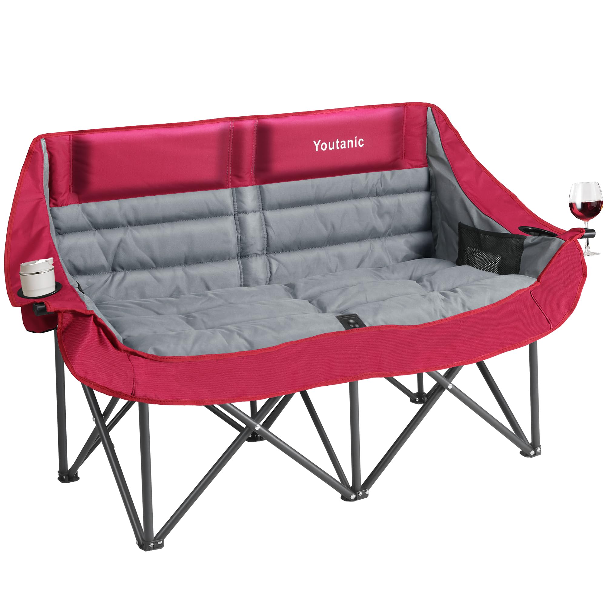 Youtanic Oversized Extra Large Double Padded Camping Chair up to 660lbs, Folding Loveseat Camp Couch with Pocket, Carry Bag, Portable Camping Chairs for Adults, Fishing, Sports, Trip, Red