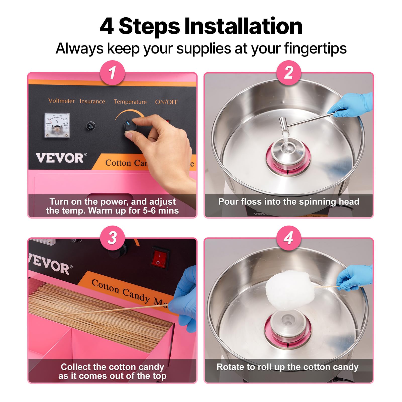 VEVOR Machine à Barbe à Papa Professionnelle 1000 W Appareil à Barbe à Papa Commercial 6 PCs/min Grand Bol en Inox Alimentaire Température 95,8-233,3 °C pour Faire Bonbons Fête Anniversaire