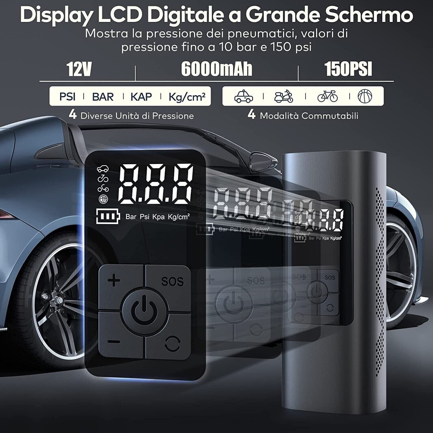 DISCORAMA Mini COMPRESSORE AD Aria Portatile per Auto Moto 6000MAH, GONFIATORE Portatile Ricaricabile con Display LED, GONFIATORE con Diversi UGELLI per Moto Auto Biciclette GONFIABILI