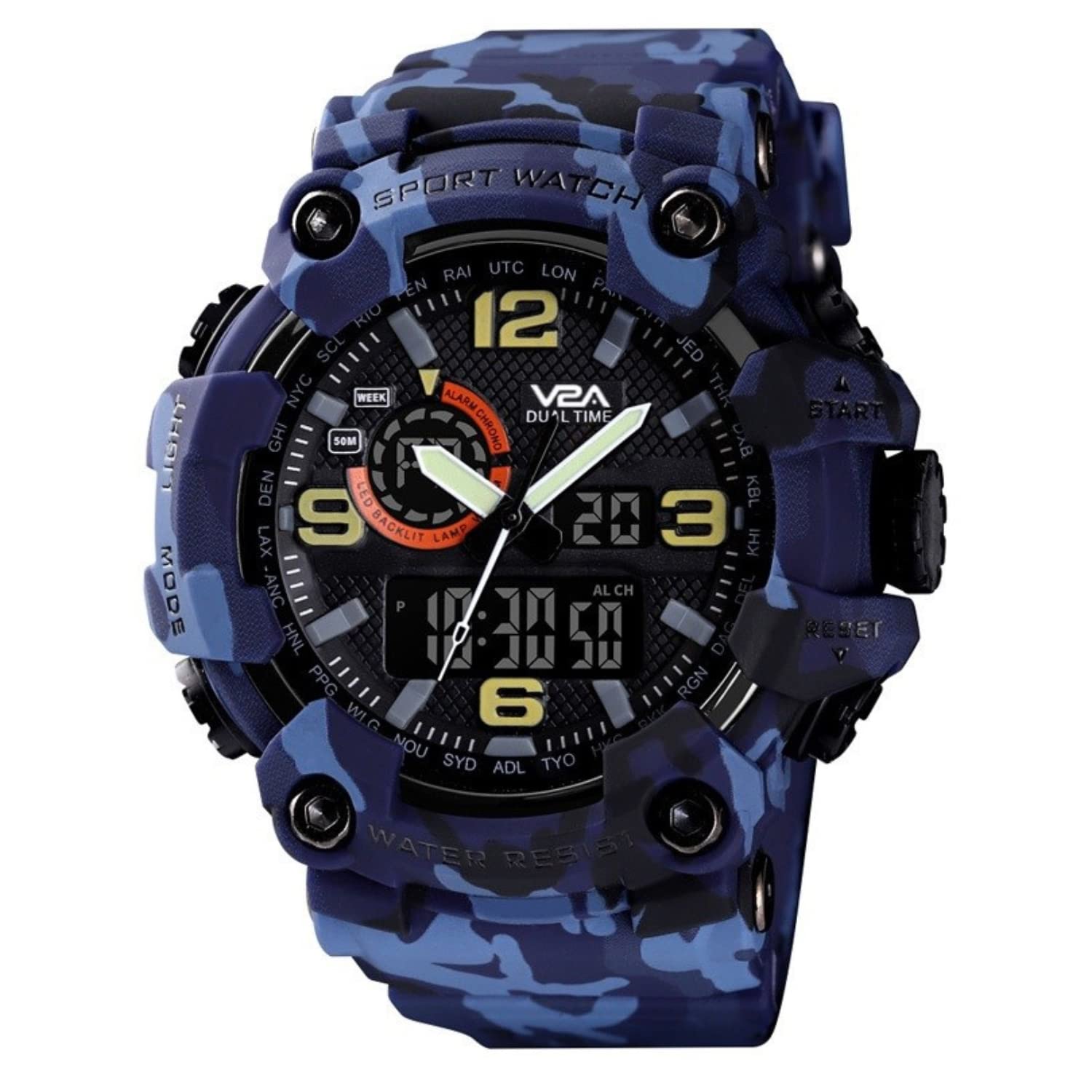 Resin Blue Military Tactical Camouflage Analog Digital 50M Waterproof Sports Watches For Men, Green Dial, Blue Band