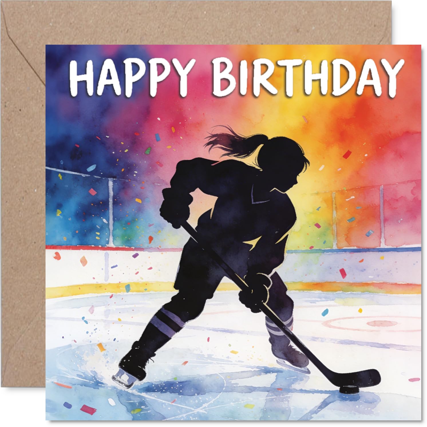 Playful Birthday Card - Bold Hockey Silhouette on a Multicolour Burst - Sporty Vibe for Action Lovers - Striking and Energetic Look - 145mm Square, Envelope Included