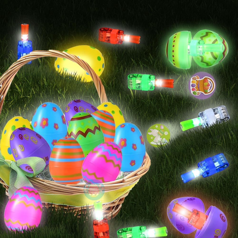 32 Pack Prefilled Easter Eggs LED Light Up Finger Lights, Easter Basket Stuffers Toy for Boys Girls Kids, Easter Eggs Fillers, Glow in The Dark Hunt Egg Fillers Party Favor Supplies