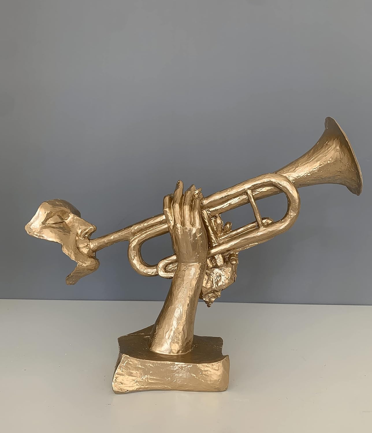 Large Musician Playing Trumpet Bust Statue, Gold Trumpet