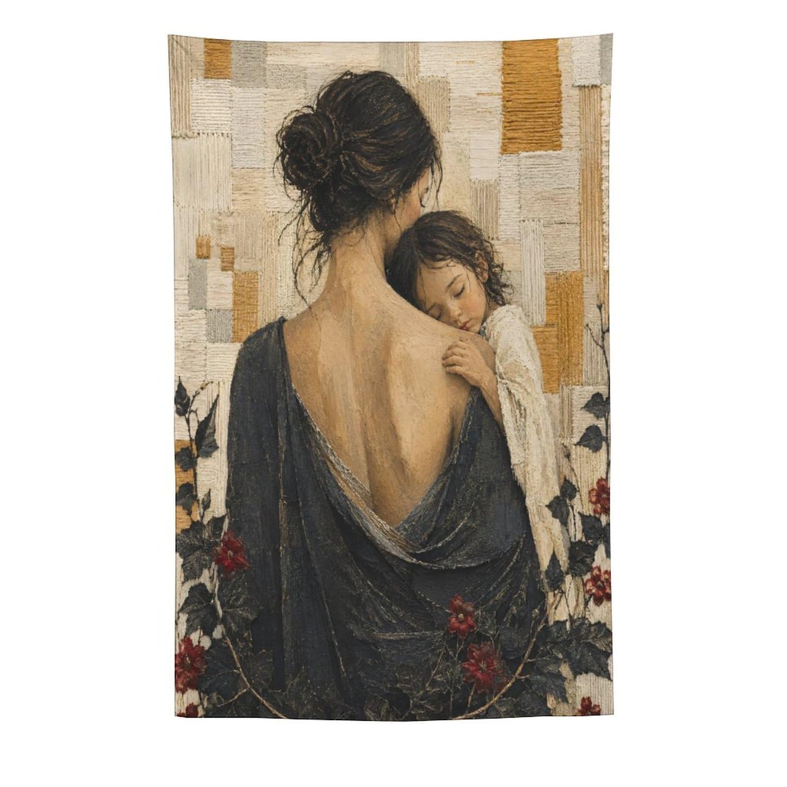 W7C8U2X3 Mother and Child Back View Wall Tapestry, Realistic Illustration