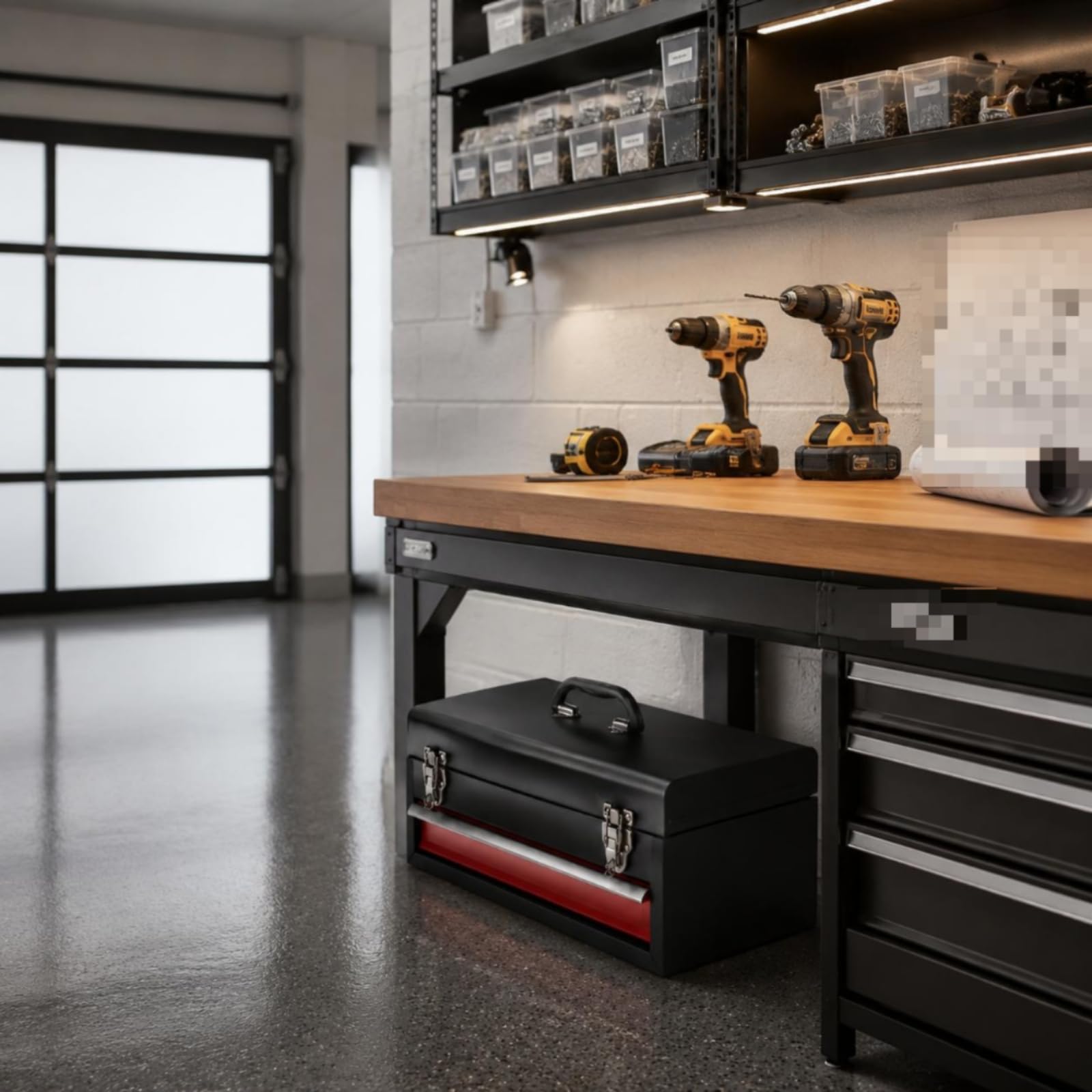 Cassetta in Metallo Rettangolare Nero e Rosso Valigetta Porta Attrezzi in Metallo, 2 Cassetti 510 220 250mm