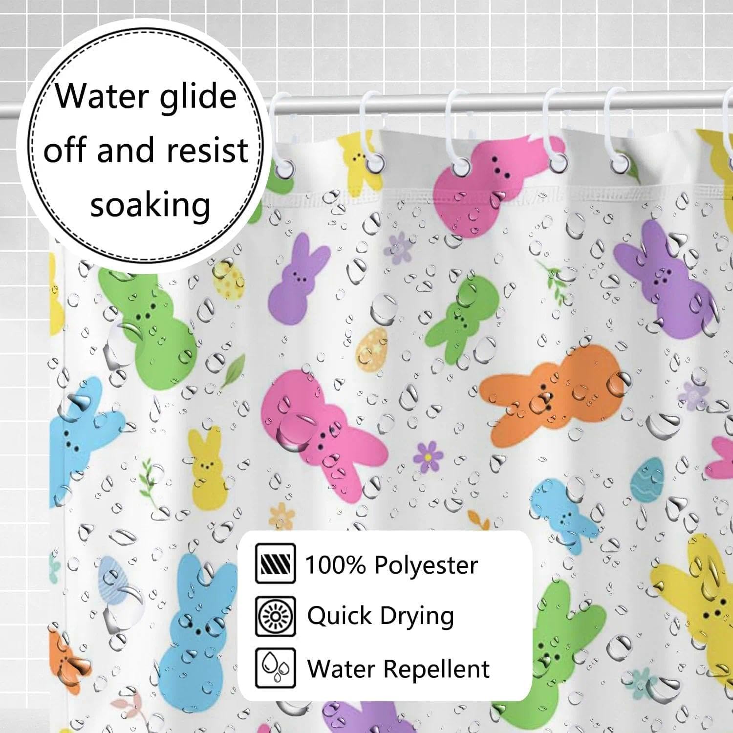 Easter Shower Curtain - 72x72 Inches | Festive Bunny Spring Bathroom Decor, Waterproof Fabric with Hooks for Practical Holiday Home Celebration