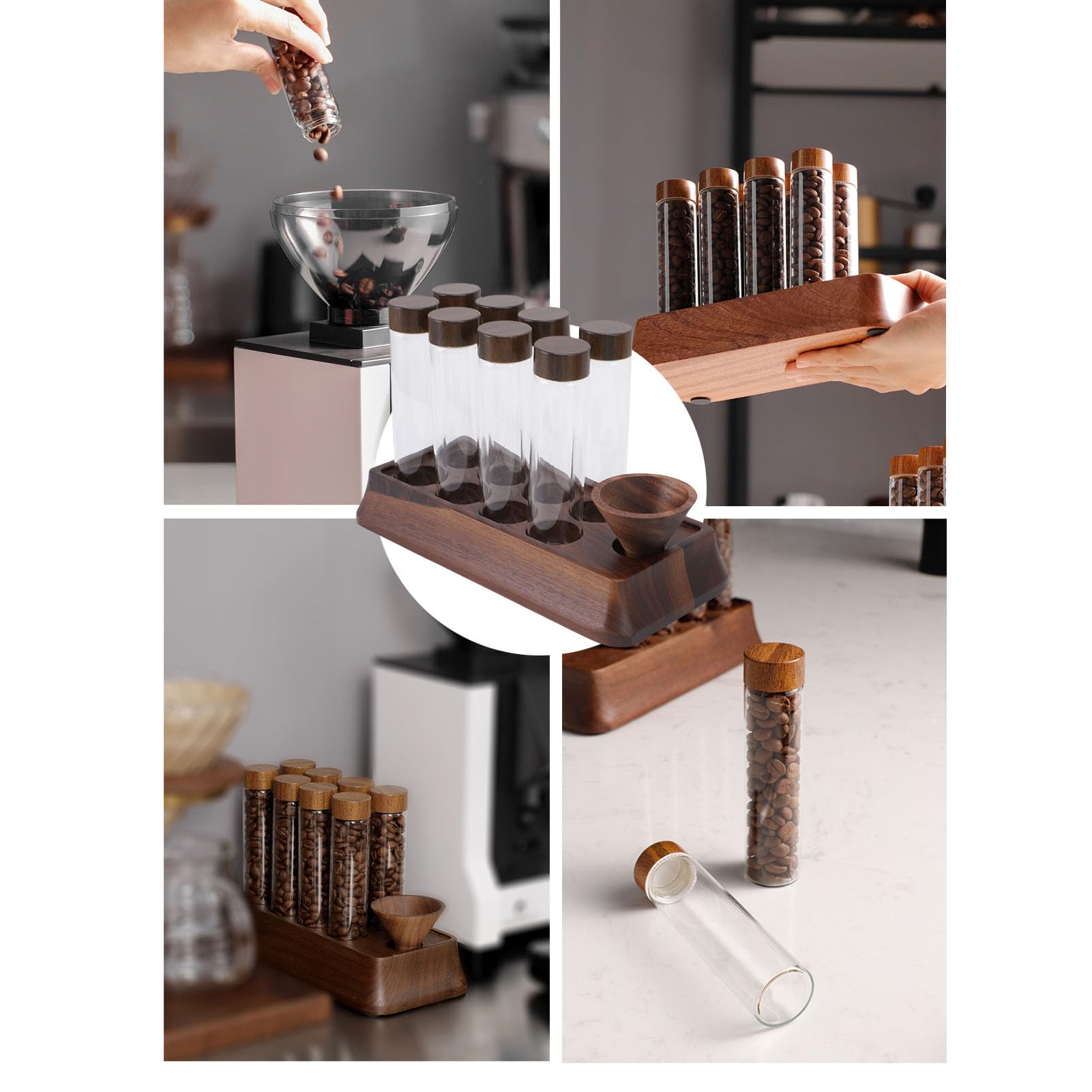 Acouto Kaffeebohnen-Aufbewahrungsröhren mit Ständer aus Walnussholz – luftdicht. 8 Stück Glas-Dosierbehälter für Kaffeebohnen-Aufbewahrungsröhren, Glas-Kaffeebohnenbehälter, Luftdichte Behälter mit