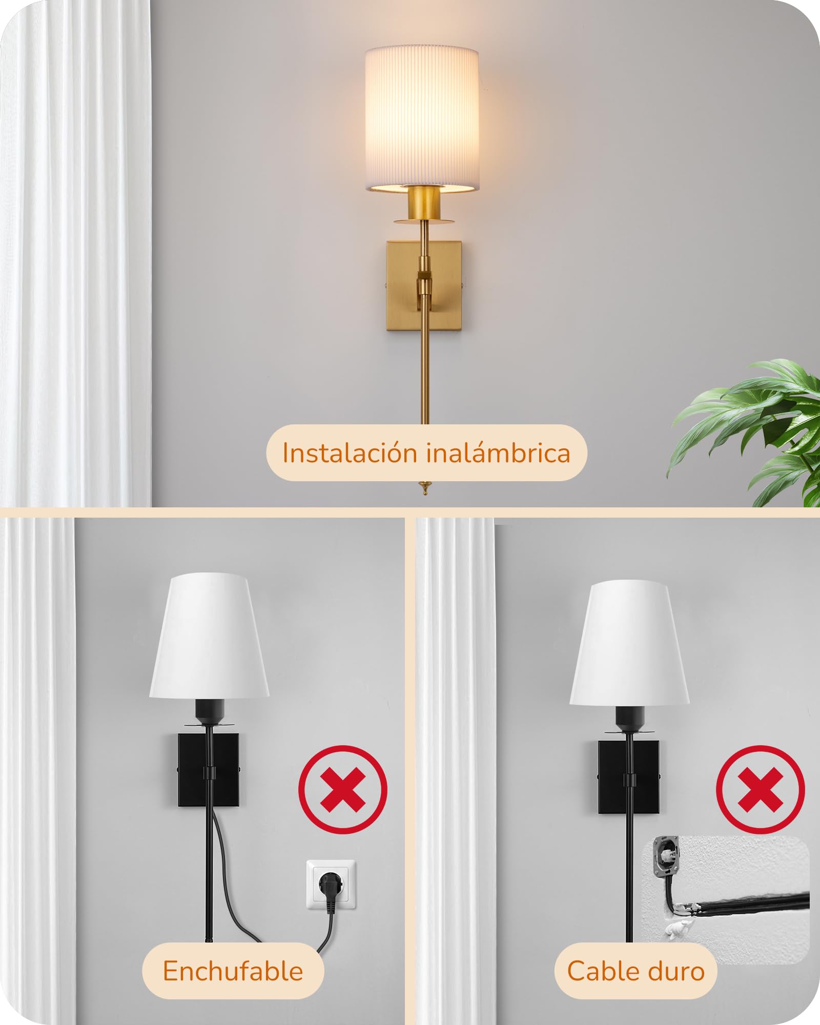 EDISHINE Aplique de pared interior inalámbrico, 2 unidades, mando a distancia y E27 RGBW, bombilla regulable y recargable, 3000K-4500K-6000K, color blanco, base dorada para sala de estar,dorado