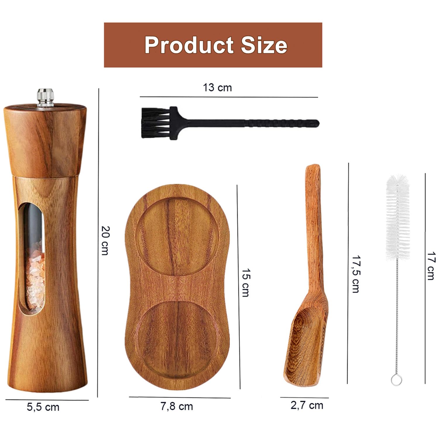 Salz und Pfeffermühle Holz Set Manuelle Pfeffermühle Keramikmahlwerk Gewürzmühle Salzmühle mit untersetzer Verstellbarem für Gewürze Pfeffer Salz 2er Set 20 cm