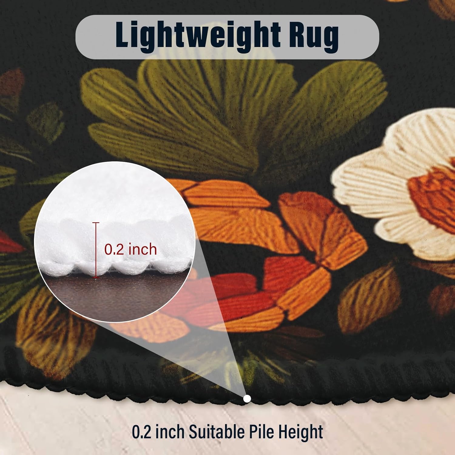 Floral Round Area Rug 5ft,Machine Washable Black Vintage Boho Flowers Leaf Neutral Round Rug Non-Slip Circle Rugs Low-Pile,Indoor Floor Carpet Mat for Living Room Bedroom Kitchen Dining Entryway