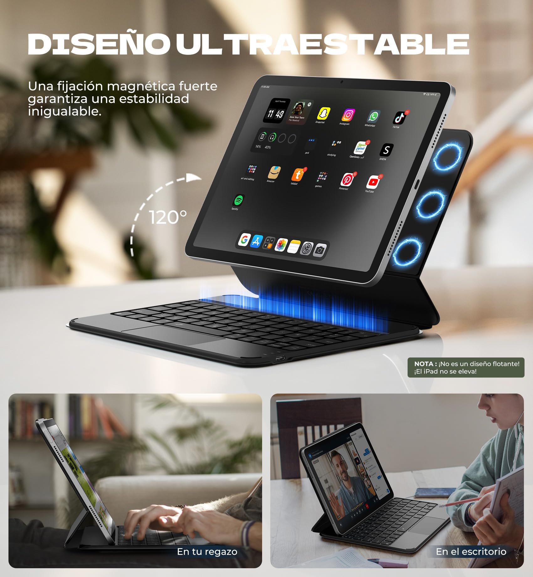 Dexnor Teclado para iPad Air 11" M4/M3/M2(2026/2025/2024), iPad Air 5/4 Generación, iPad Pro 11 4/3/2/1 Gen., Magnético Ultrafino Folio Desmontable Trackpad Multitáctil Retroiluminación, Negro