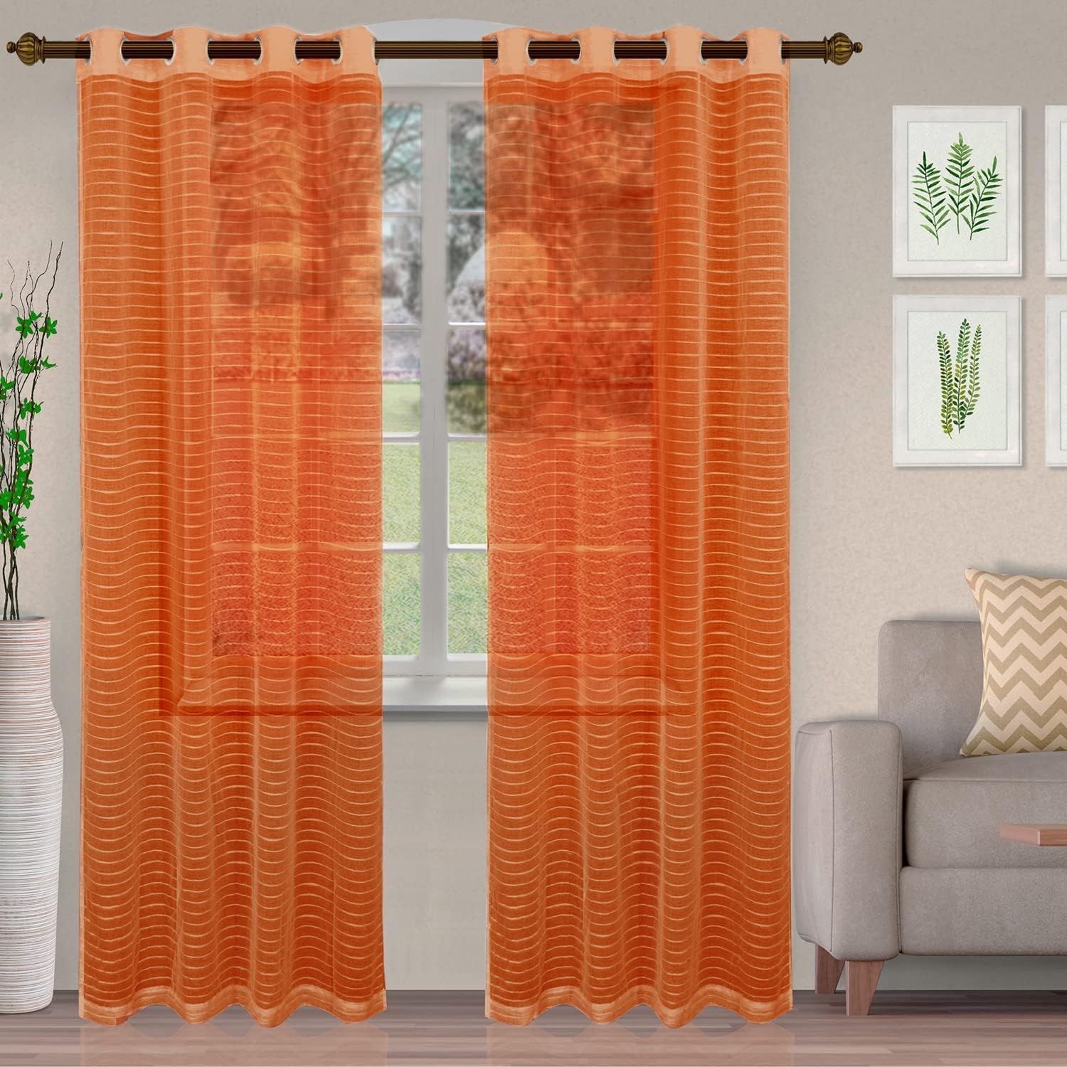 Superior Natural Light Filtering Sheer Curtain Panels, 6 Grommets, Window Treatments, Drapes Kitchen, Office, Bed, Living Room Windows, Jackson Striped Sheer Curtains, Set of 2, 42" x 96", Taupe
