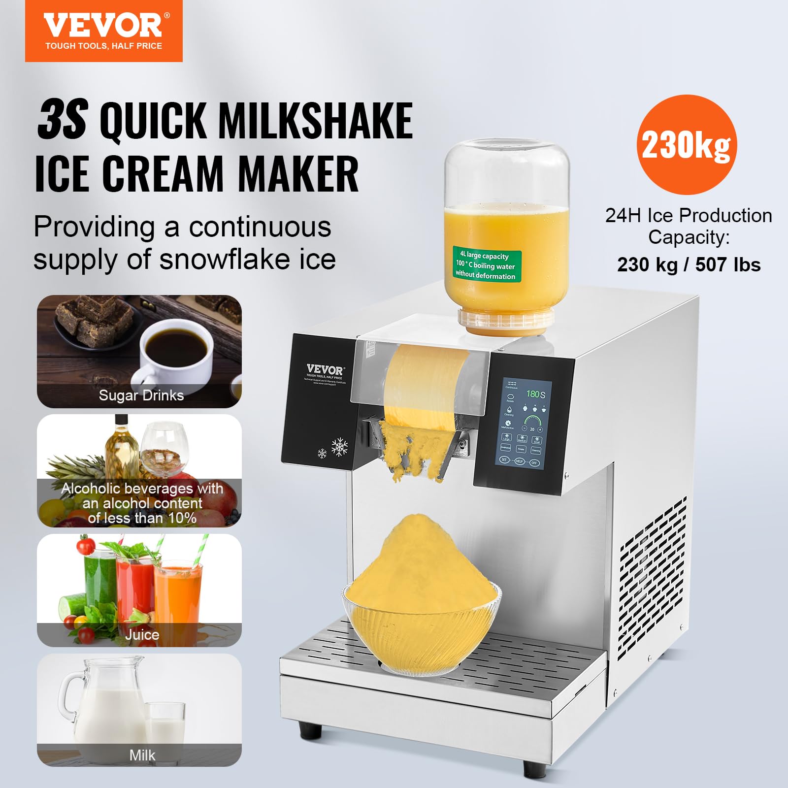 VEVOR Máquina de Hielo en Forma de Copos de Nieve 230kg/24 h Máquina para Raspar Hielo Acero Inoxidable Sistema de Enfriamiento por Aire para Rápida Disipación del Calor para Panaderías, Cafeterías