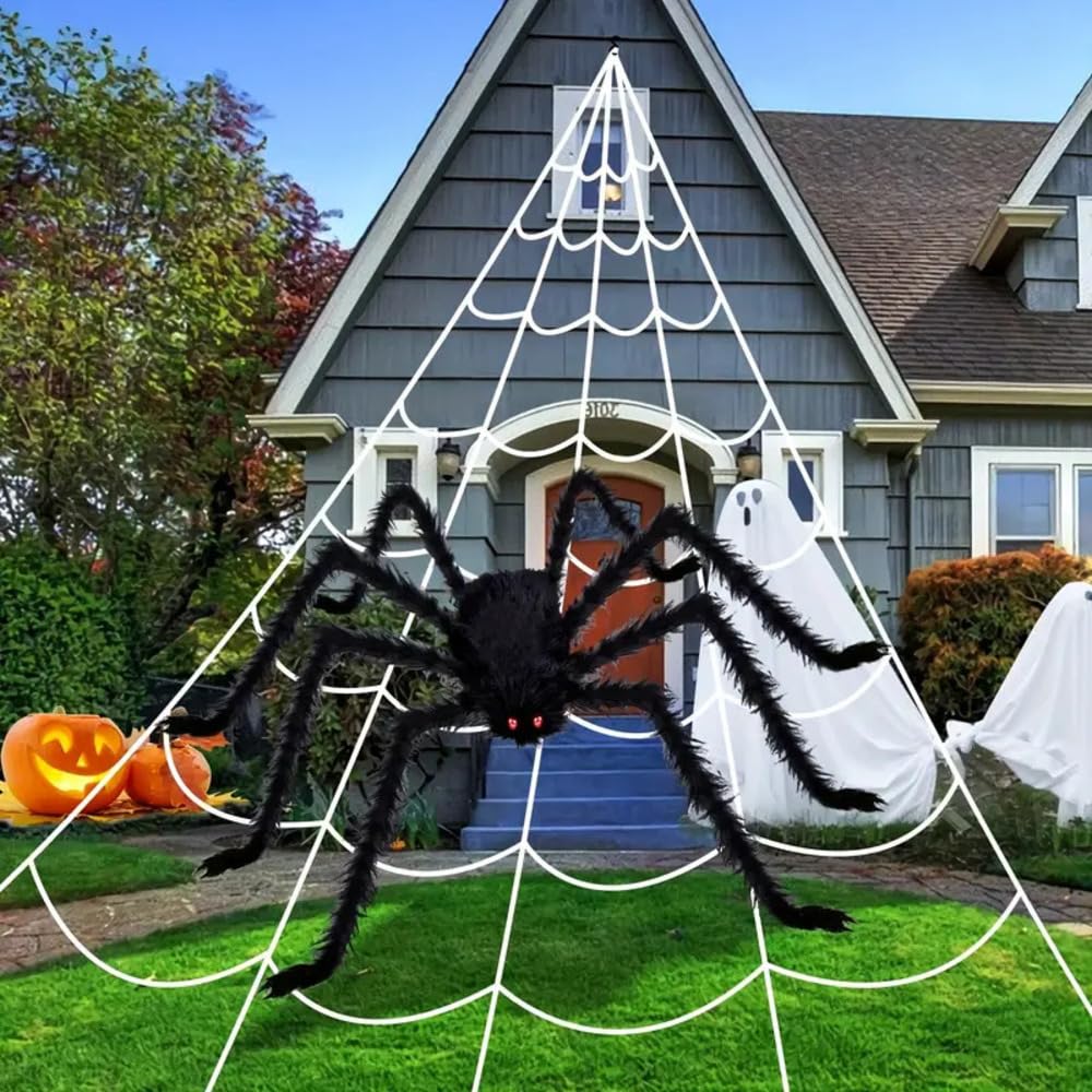 Boolavard 2pcs Halloween Decor Set: 5.08meter Triangular Spider Web &amp; 119.38cm Giant Fake Spiders - Perfect for Indoor, Outdoor, Yard, and Haunted House Parties