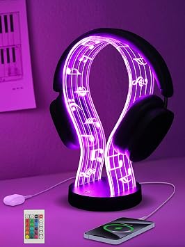 CoolGift Mart Light Up Headphone Stand with 16 Color Lights, Music Notes Pattern Acrylic Headset Stand with 1 USB and 1 Type-C Charging Ports, Gifts for Gamers Men and Music Lovers