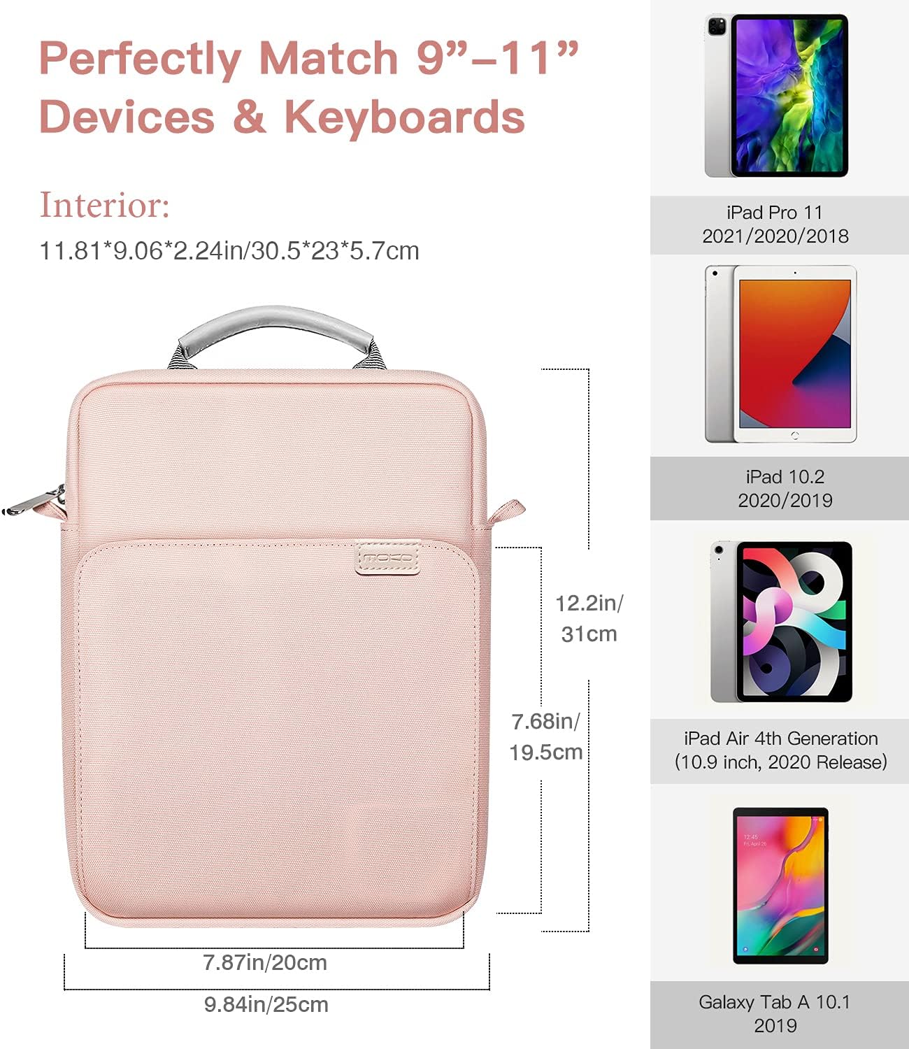 MoKo 9-11 Inch Tablet Sleeve Bag Handle Carrying Case with Shoulder Strap Fits iPad Pro 11 2021/2020, iPad 9th 8th 7th Generation 10.2, iPad Air 4 10.9, iPad 9.7, Galaxy Tab A 10.1, Pink : Electronics