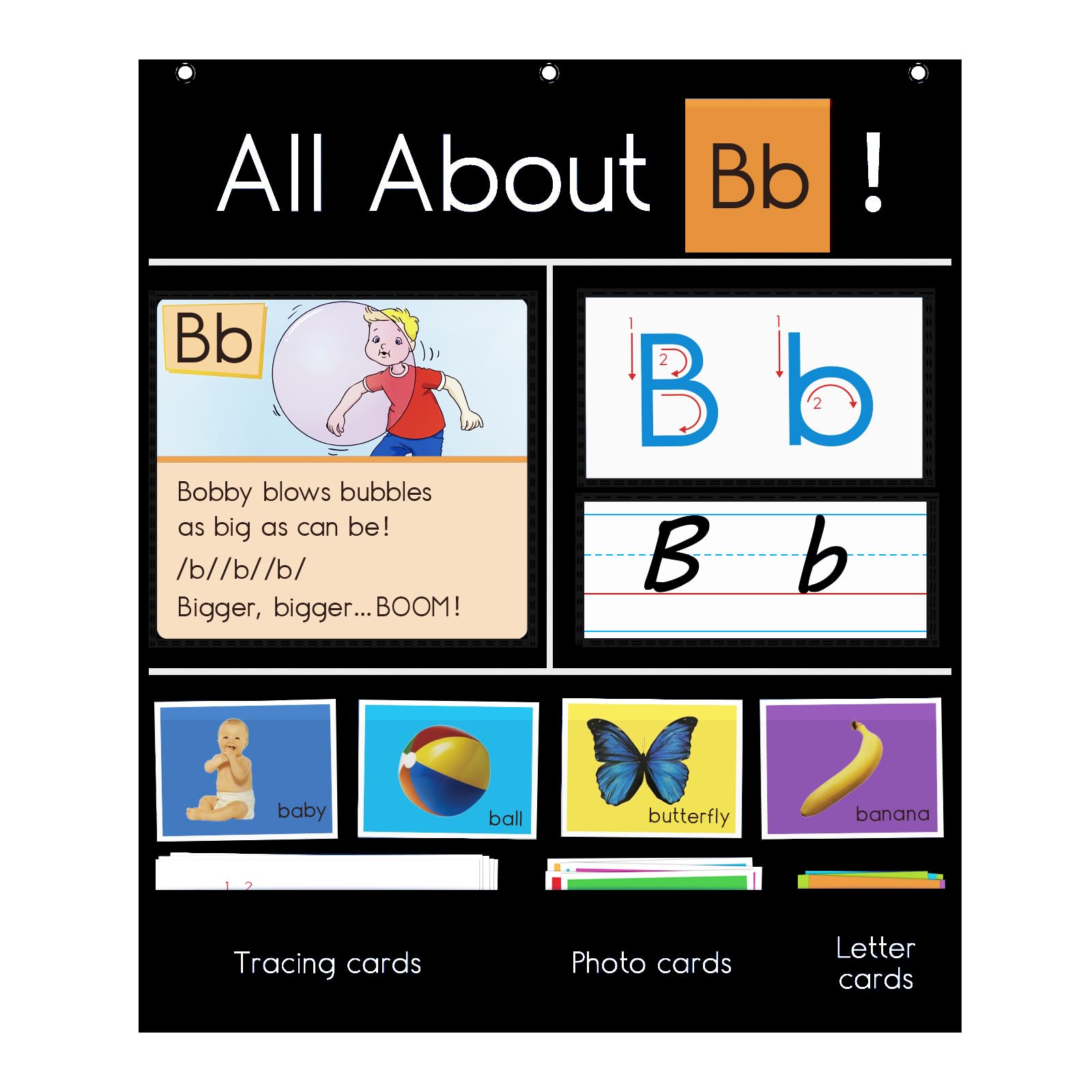 Auchq All About Letter Pocket Chart, Letter of The Day/Week Activity Wall-Provides Student Daily Practice in Learning The Alphabet, Chants, Words-Great for Classroom Homeschool 34" x 27" Black