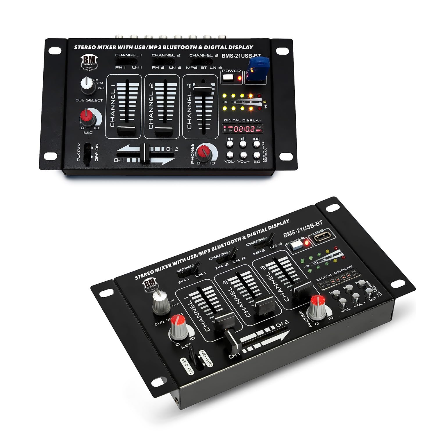 BM Bmsonic Pack Sono 1600W Amplificateur 1000W, Paire d'Enceintes, Table de Mixage USB Bluetooth, Pieds, Casque, Câbles, Micro Ovni LED DJ Fête
