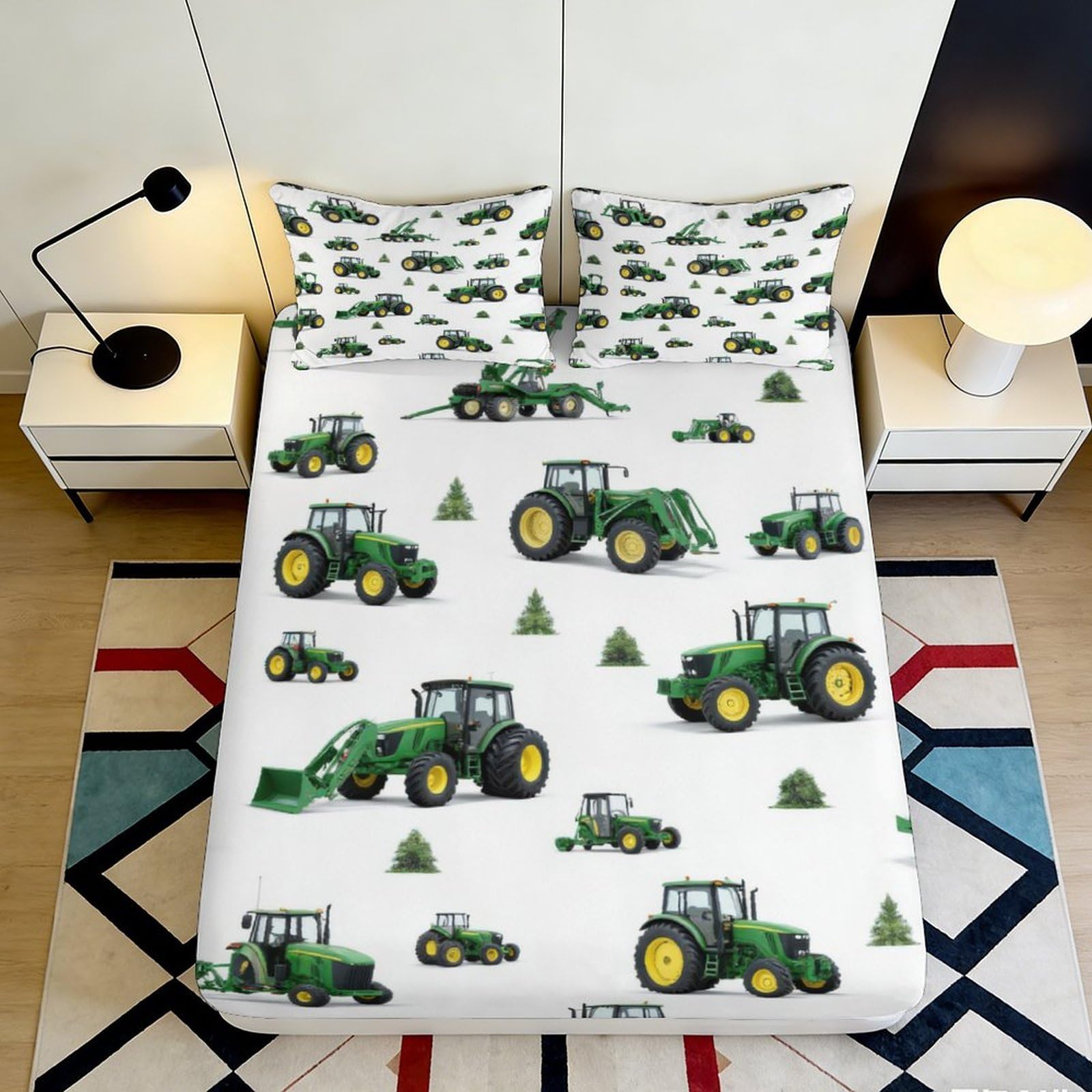 Jqzkxnhpbr Style-1 3D Printed Green Tractor Fitted Sheet Microfiber Soft Farm Vehicle Bed Cover For Bedroom Guest Room Decor 90X200x25cm
