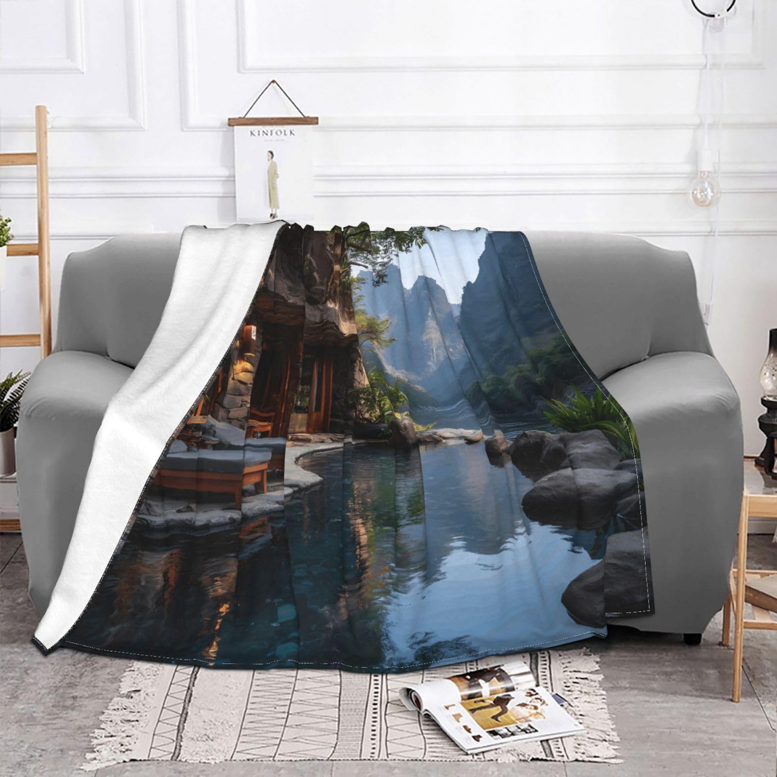 Manta de viaje portátil de 80 x 60 pulgadas, suave, resistente a las arrugas, plegable, exquisita impresión de casa antigua