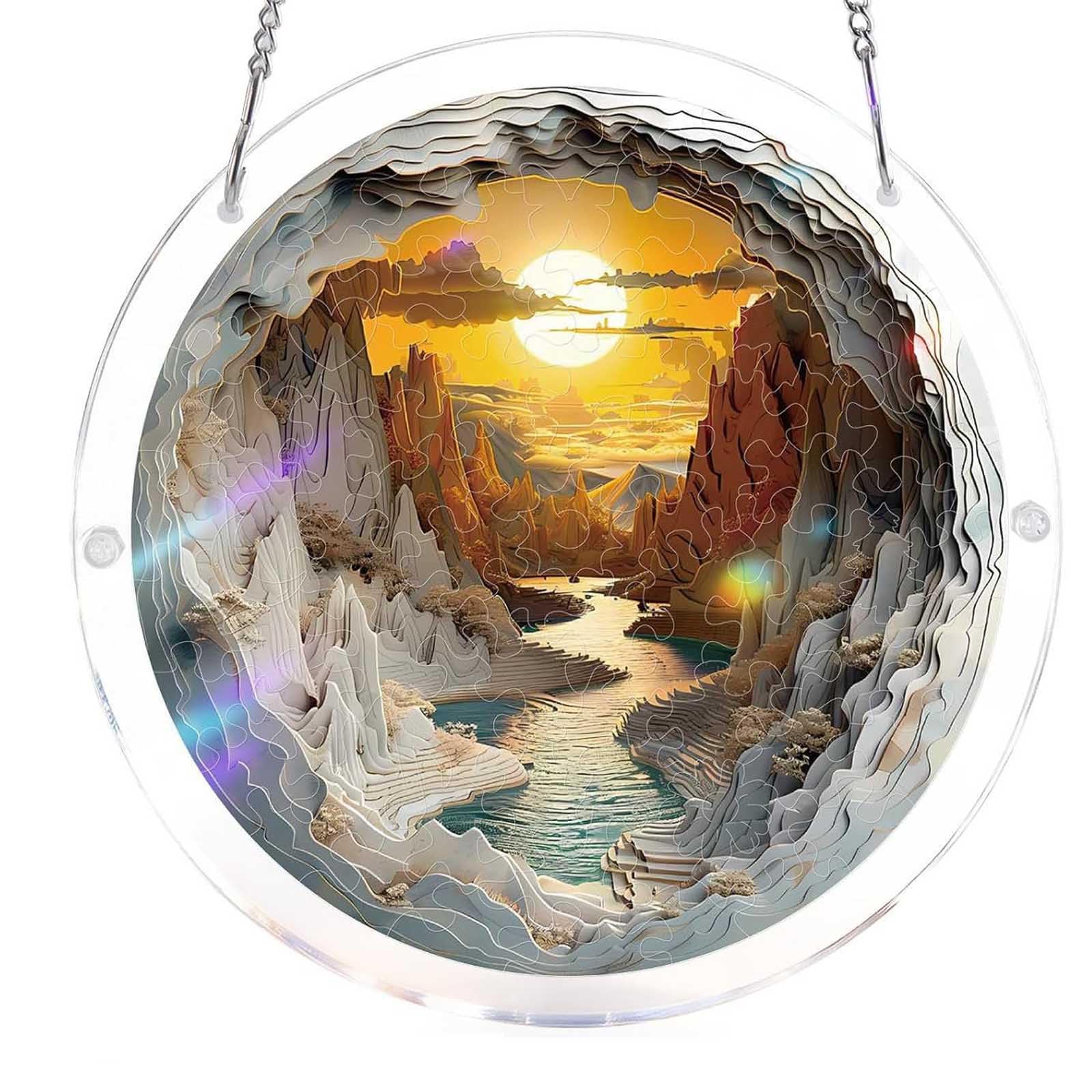 Acrylic Puzzles Suncatcher Window Hanging, 83 Pieces 7.48 Inch Sun Catcher Acrylic Puzzles Garden Decoration for Women Men Mom Birthday Gift Home Decor (Dawn Inside a Cave)