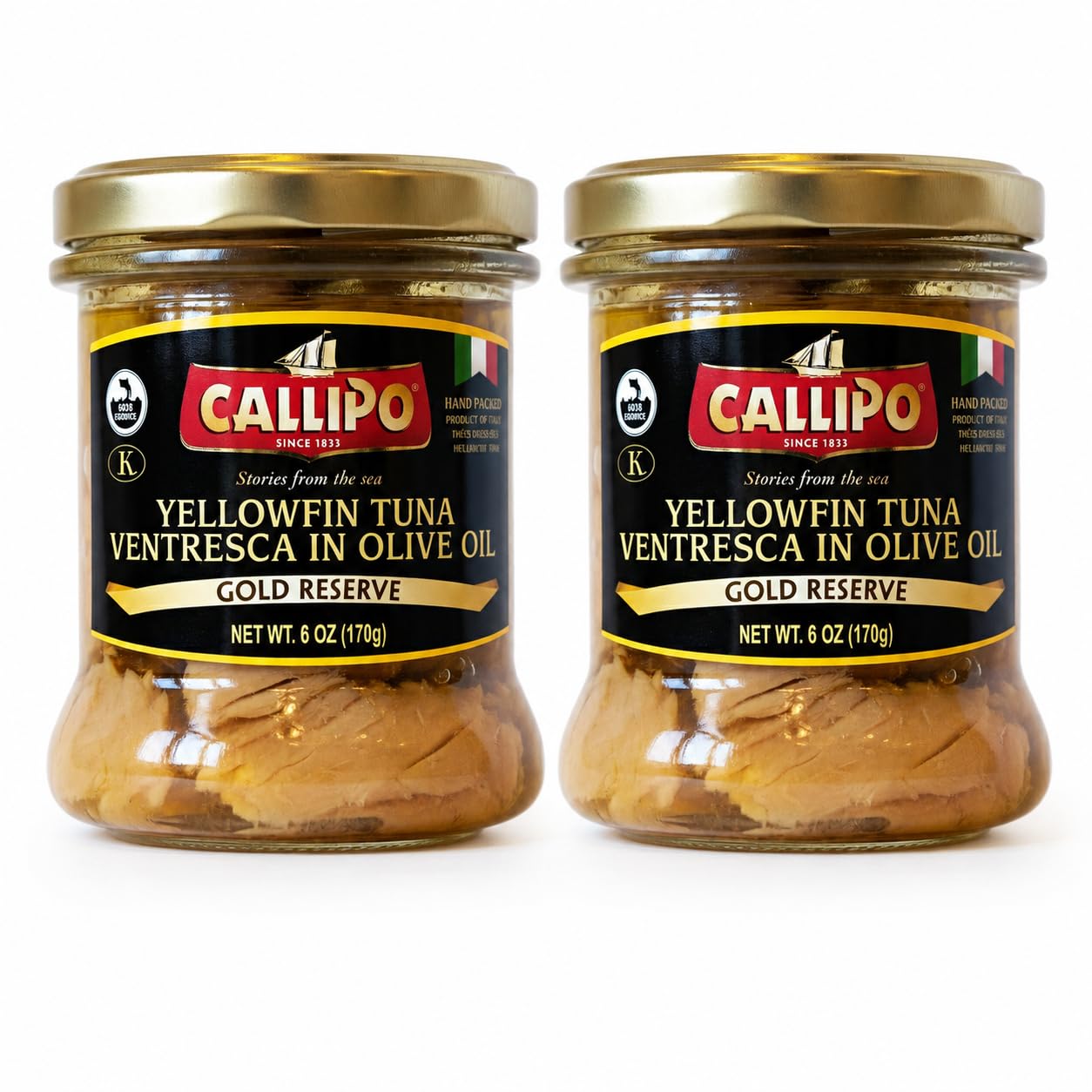 Yellowfin Tuna Ventresca in Glass Jar Olive Oil 6oz (170g) by Callipo | Premium Quality 100% Italian | Hand Packed | Pack of 2